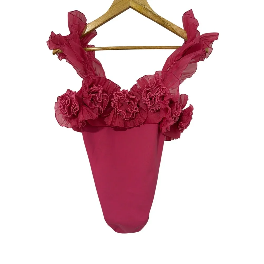 Free People Pink Rosette Ruffle Bodysuit Floral 3D Applique Fuchsia‎ Sleeveless